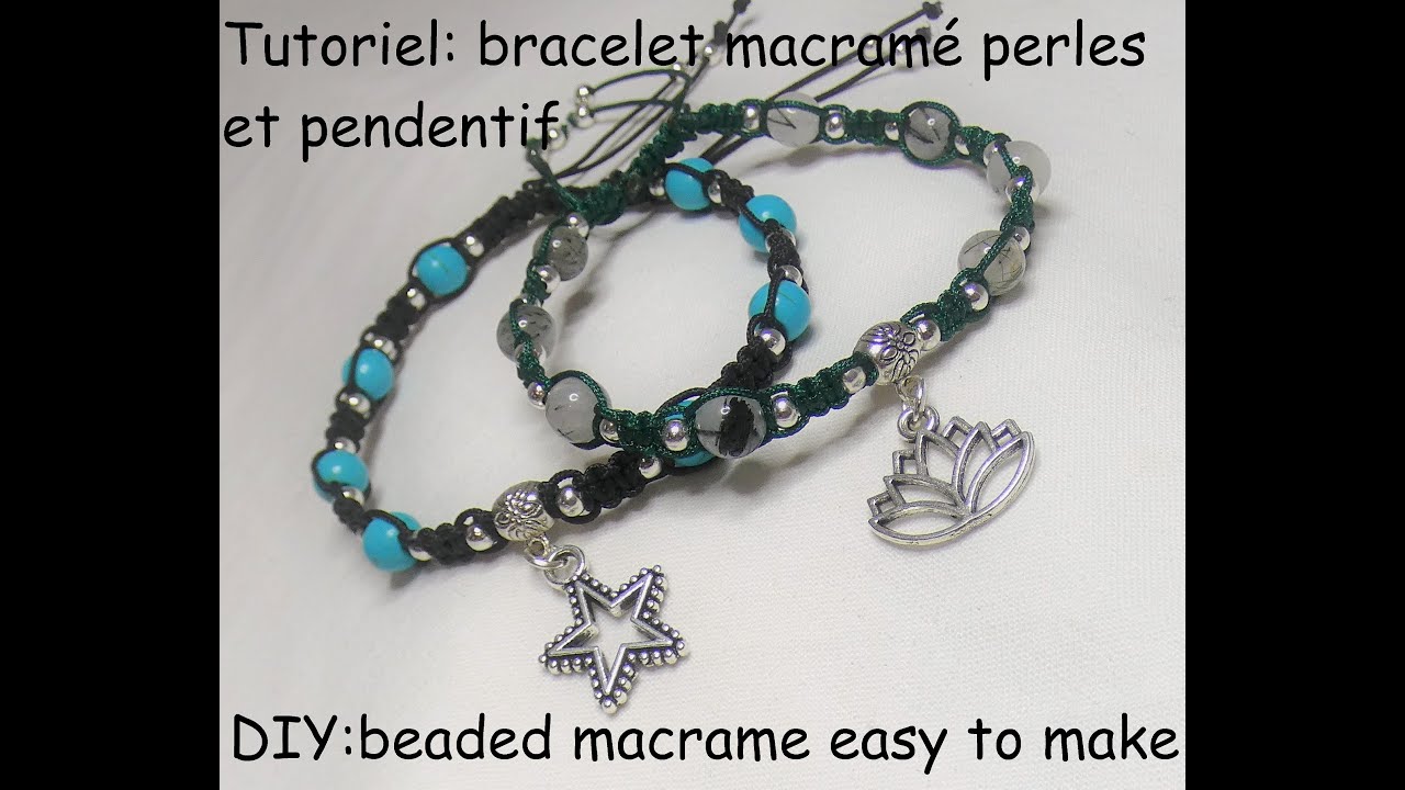 tutoriel: bracelet macramé perles et pendentif (DIY: beaded macrame easy to make)