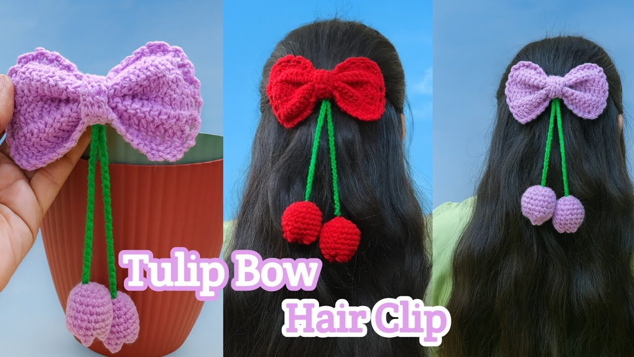 Cute Crochet Hanging Tulip Bow 🌷🧶 | Handmade Aesthetic Hair  Bow Clip