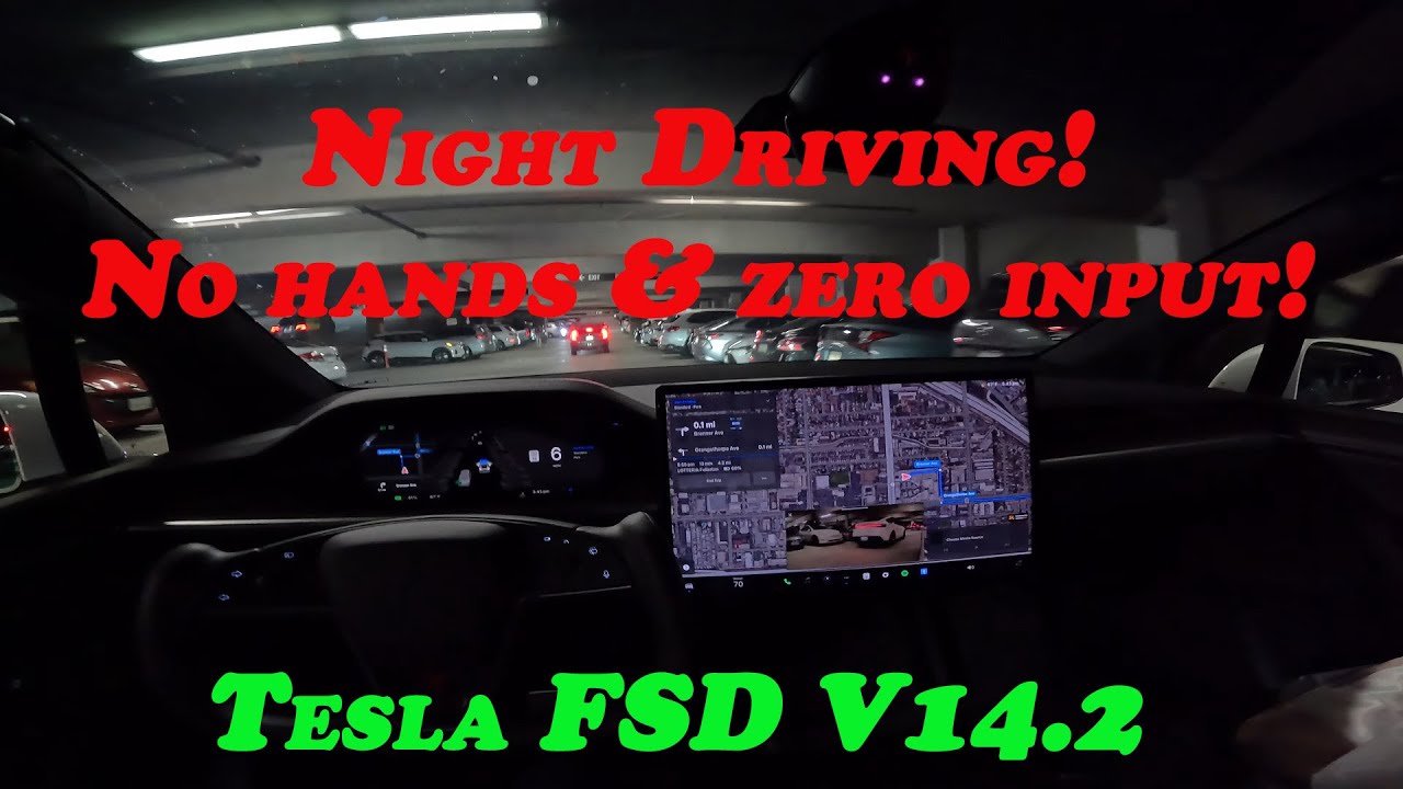 Tesla FSD 14.2 / Night Driving & Exit itself from multi-level garage #selfdriving #teslafsd #fsd14
