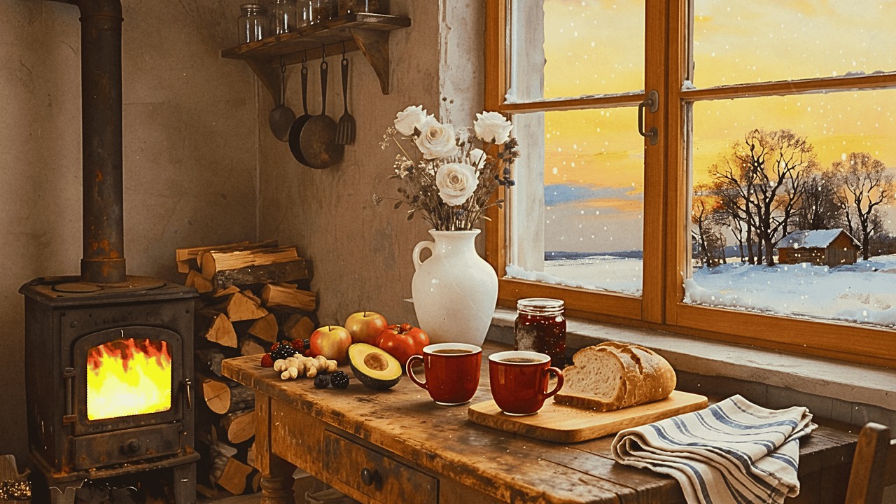 Snowy Winter Sunset ❄️ 1940s Vintage Jazz by the Warm Cabin | Cozy Cottage Ambience