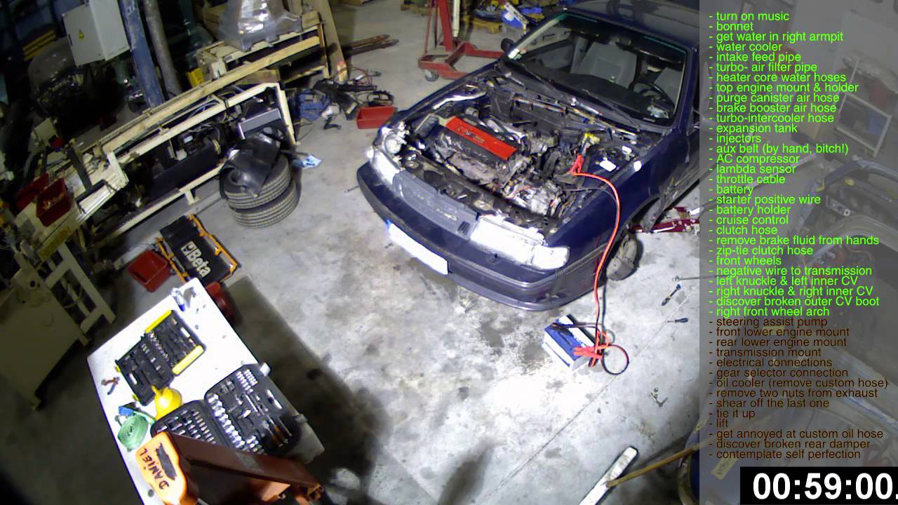 Saab 9000 engine removal with checklist - 1.5 hours in 5 minutes