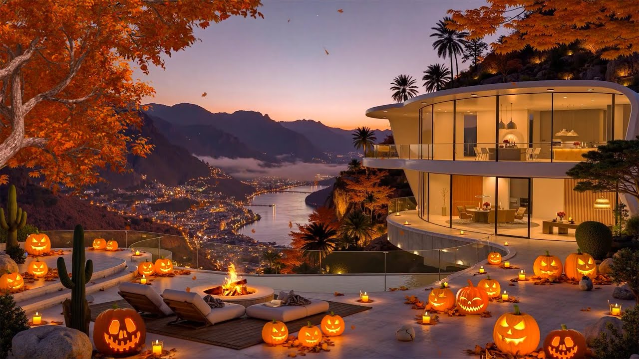 Serenity Halloween Evening 🎃Autumn Jazz Playlist & Fireplace Glow at Cozy Luxury Café for Calm Study