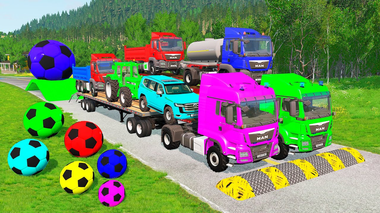 Flatbed Trailer McQueen Transportation with Truck - Speedbumps vs Cars vs Train - BeamNG.Drive #27