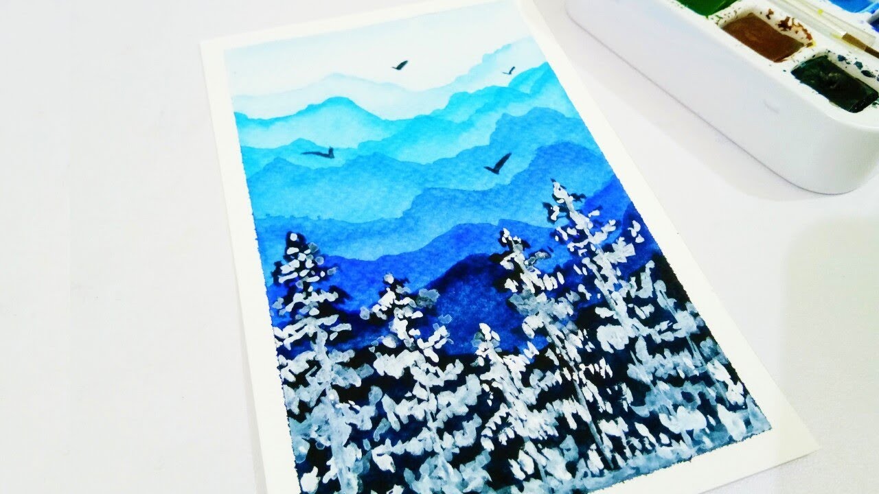 How to paint Simple Landscape in Watercolor | Blue Pine Tree