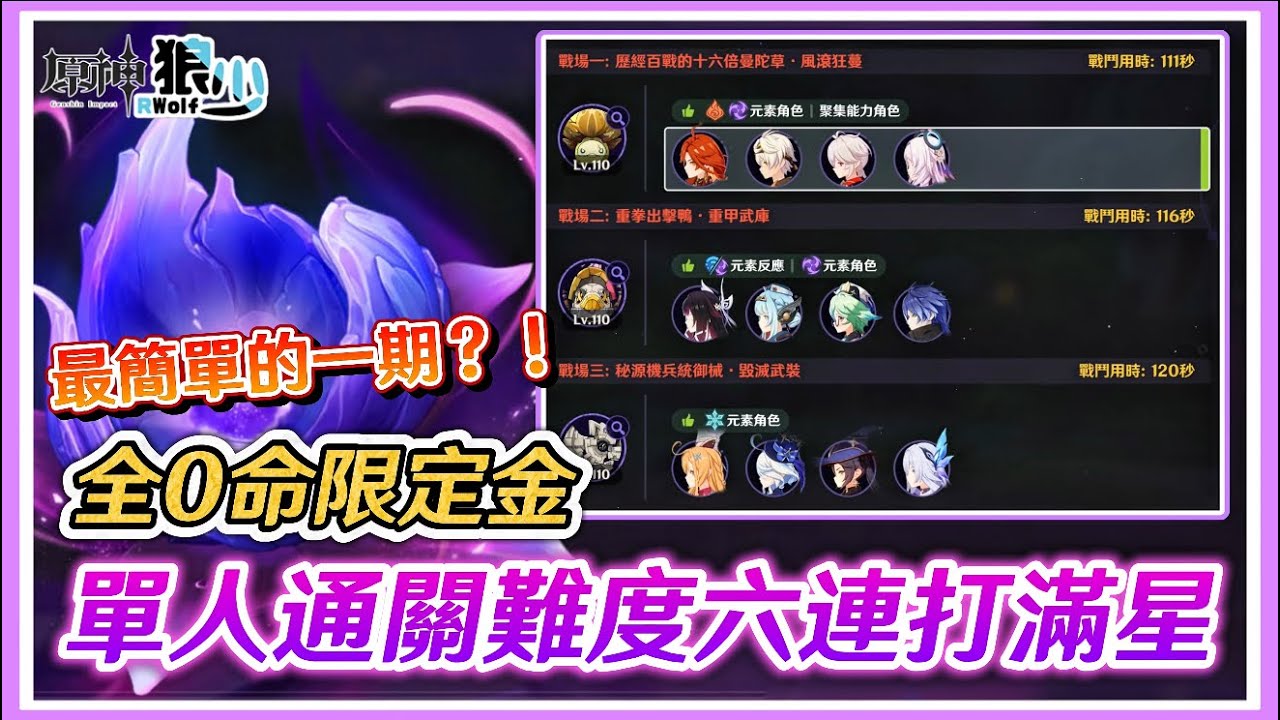 【原神6.4幽境危戰難度六】全0命限定再次通關！單人通關難度六連打滿星《面板練度參考 》▹狼少◃