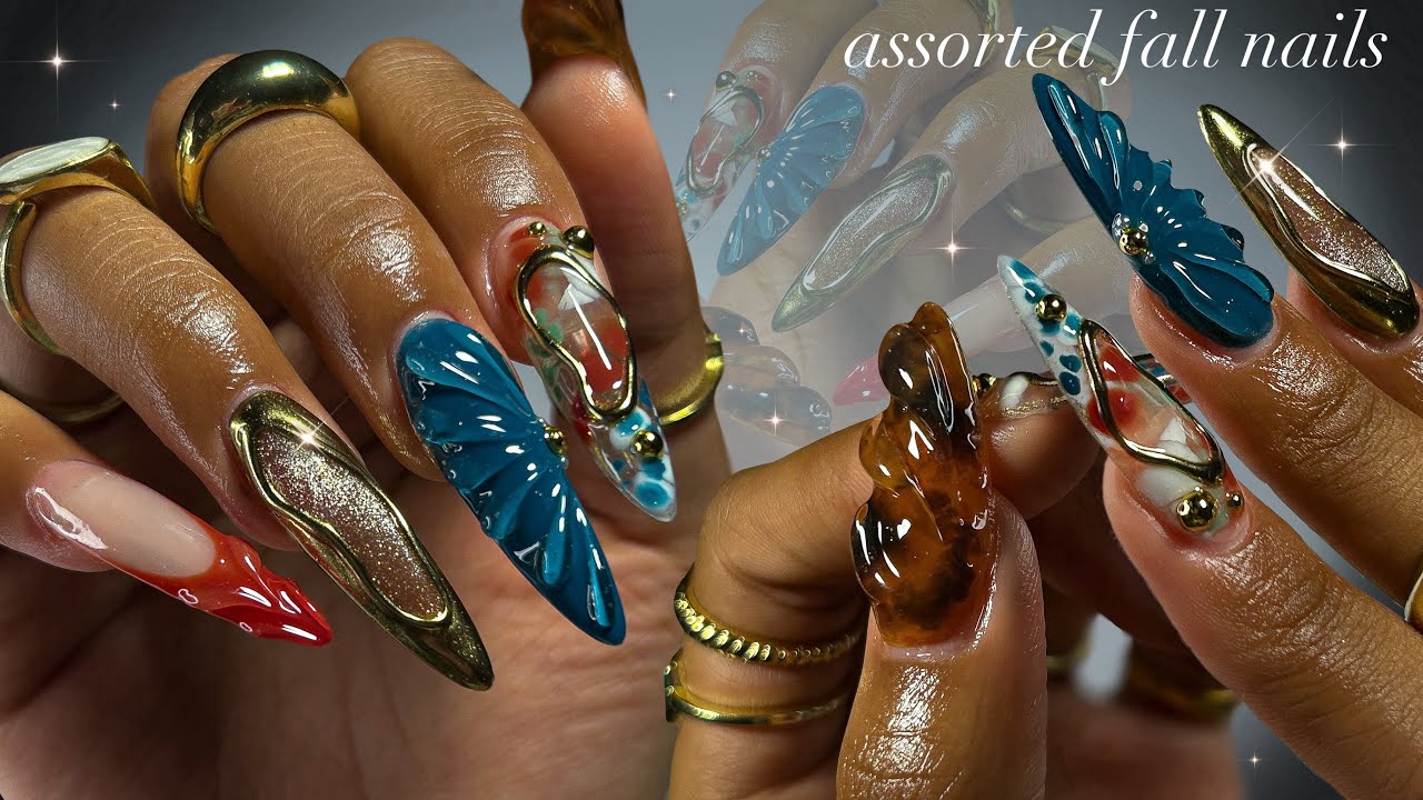 Assorted Fall Nails🍂⚜️✨| almond acrylic nails + recreating a Pinterest collage!🫶🏼