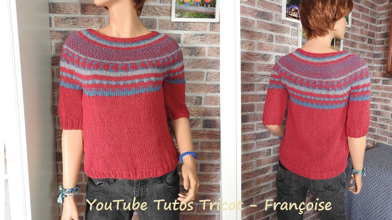 Tuto Tricot Pull Femme manches courtes empiècement arrondi jacquard style norvégien (création)