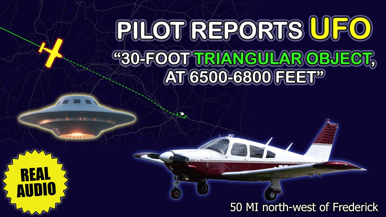 UFO report. Pilot reports 30-foot triangular figure at 6500 feet. Real ATC