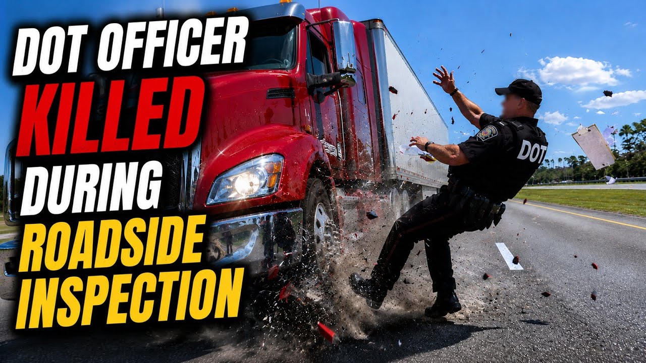 Truck Driver Loses Control & Crashes Into DOT Officer During Roadside Inspection Today 