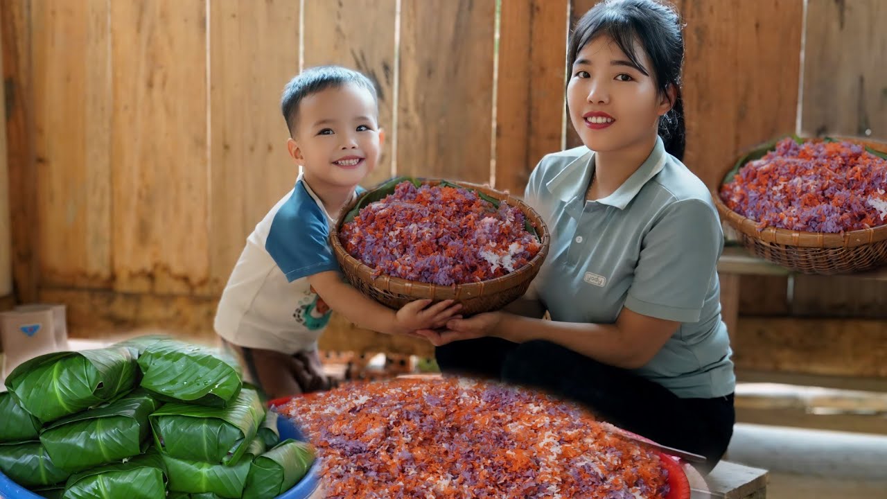 Cook delicious sticky rice, make it colorful with leaves, daily freedom