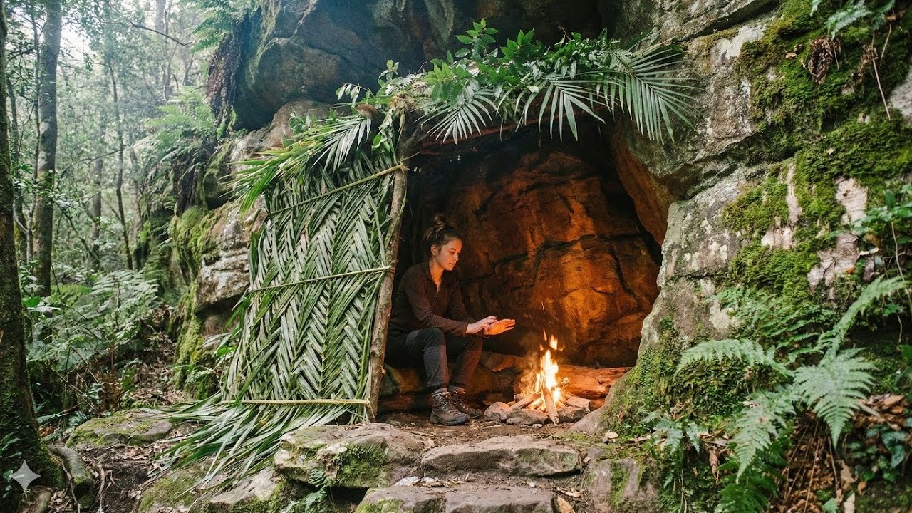 I Used a Rock Cave as a Dry Shelter and Made Fire to Survive