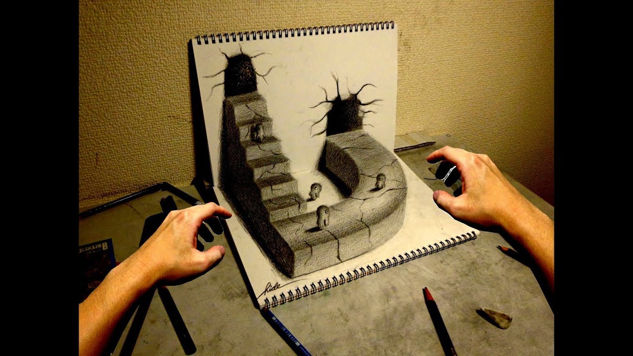 イラストの階段が飛び出す！？ 鉛筆で描く3Dトリックアート