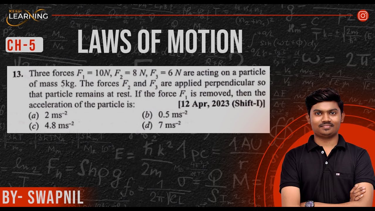 Three forces F, = 10N, F2= 8 N, F3= 6 N are acting on a particle of mass 5kg. The forces F2 and F3