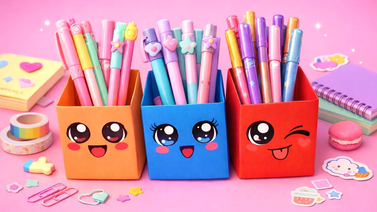 Origami kawaii Pencil Box How to make paper easy pen holder