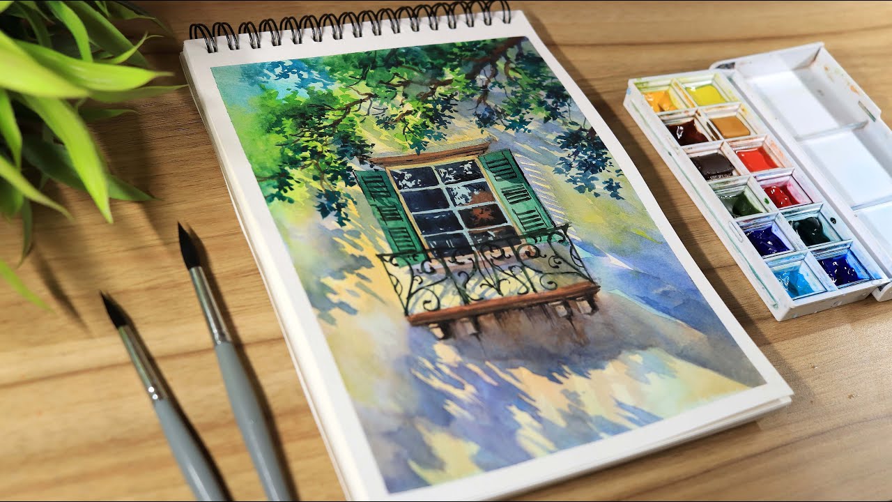 Watercolor painting of beautiful flower tree and simple open window
