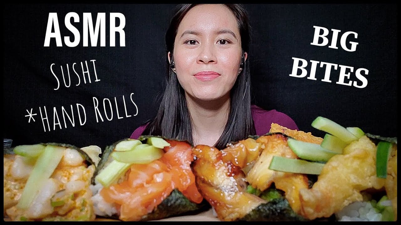 ASMR SUSHI HAND ROLLS/SUSHI CONES + TEMPURA *BIG BITES MUKBANG (No Talking) EATING SOUNDS | Rossikle