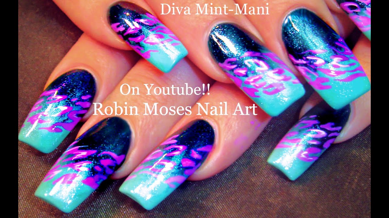 HOT Animal Print Nails | Dark Blue Leopard Nail Art on Teal Gradient Design