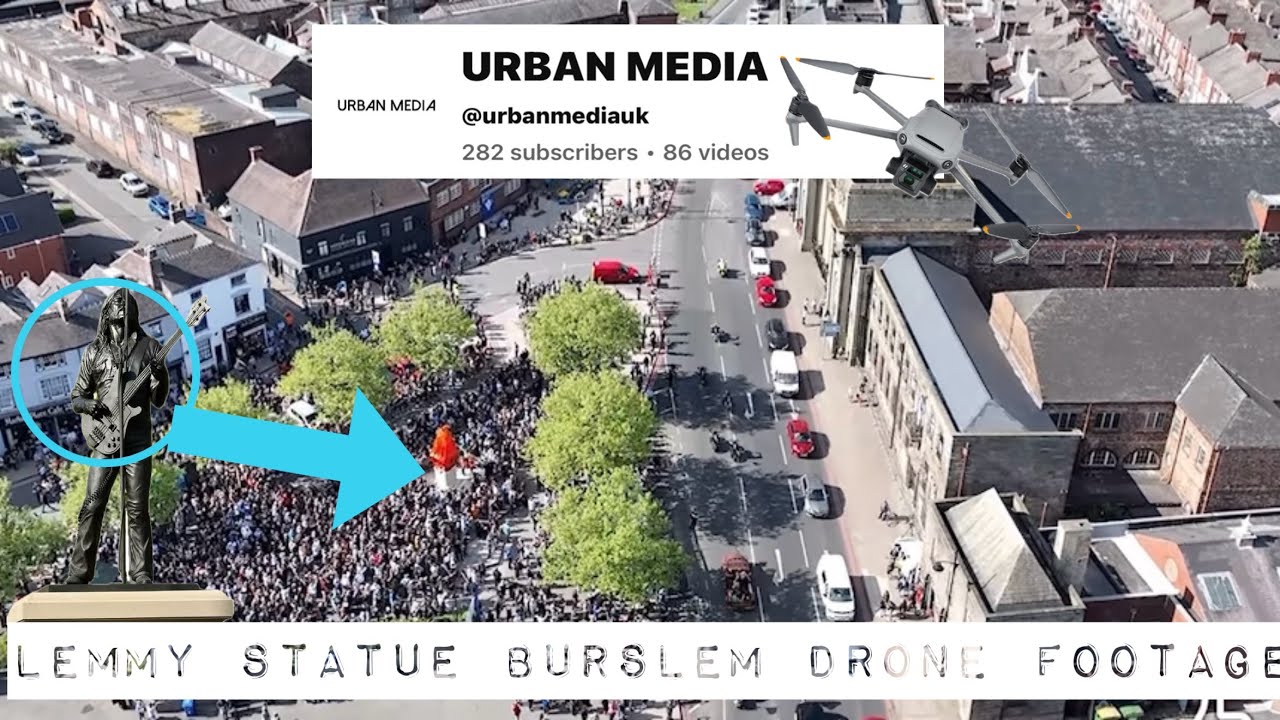 Lemmy kilmister statue drone footage of unveiling in Burslem stoke on trent