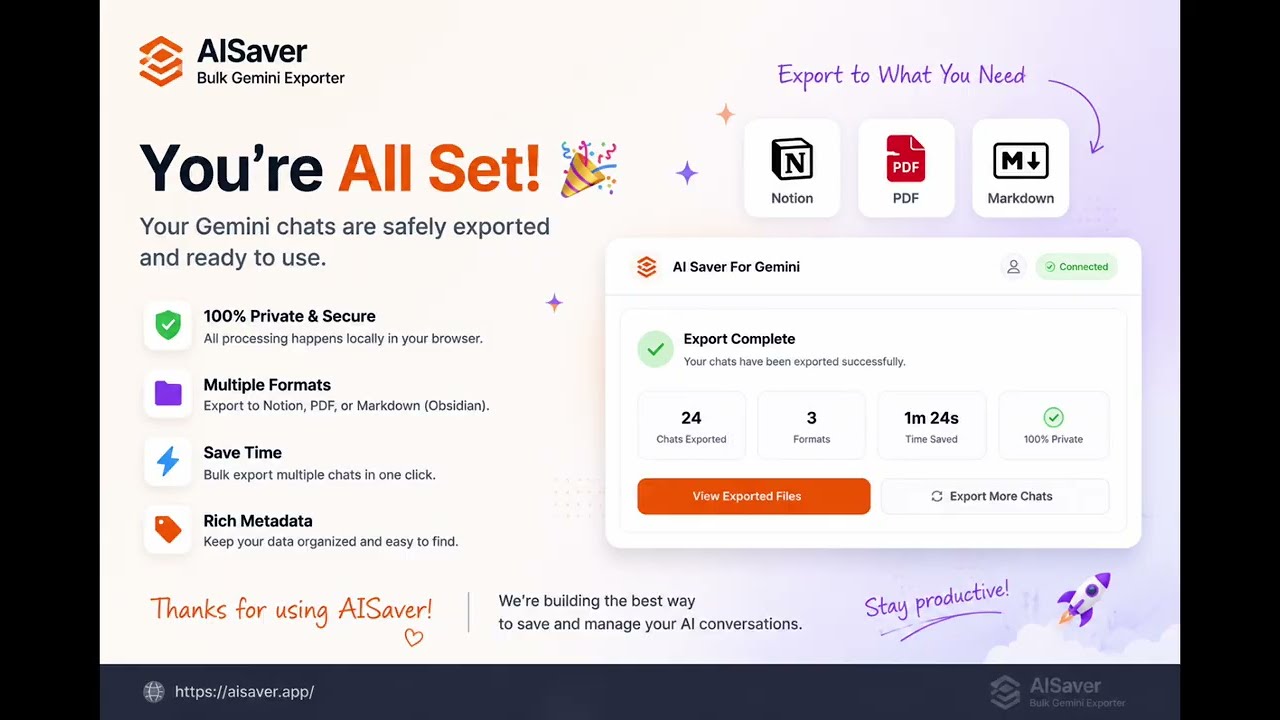 How to Export Gemini Chats to Notion, PDF & Obsidian | AISaver Tutorial