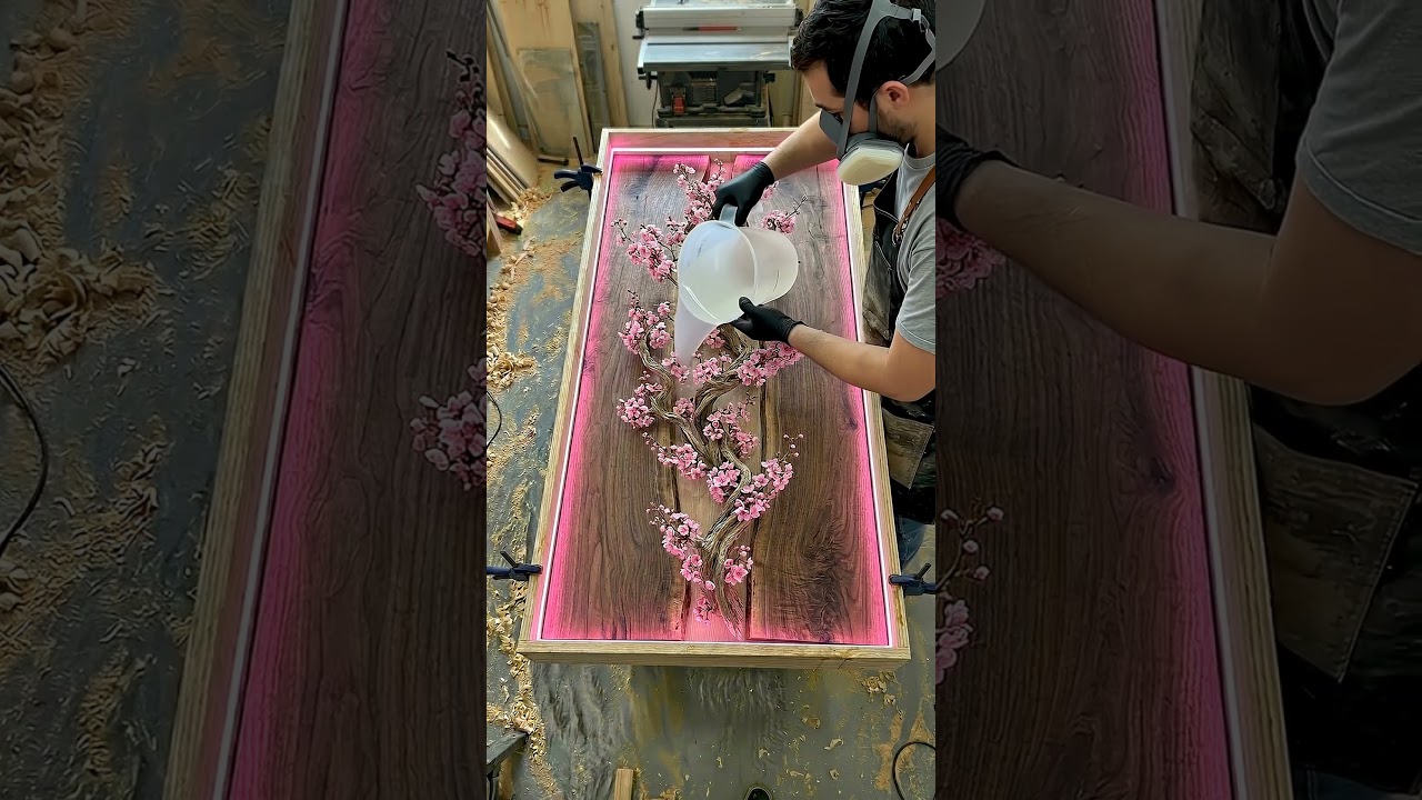 Satisfying Epoxy Resin Pour: Making a Glowing Cherry Blossom Table! 🌸