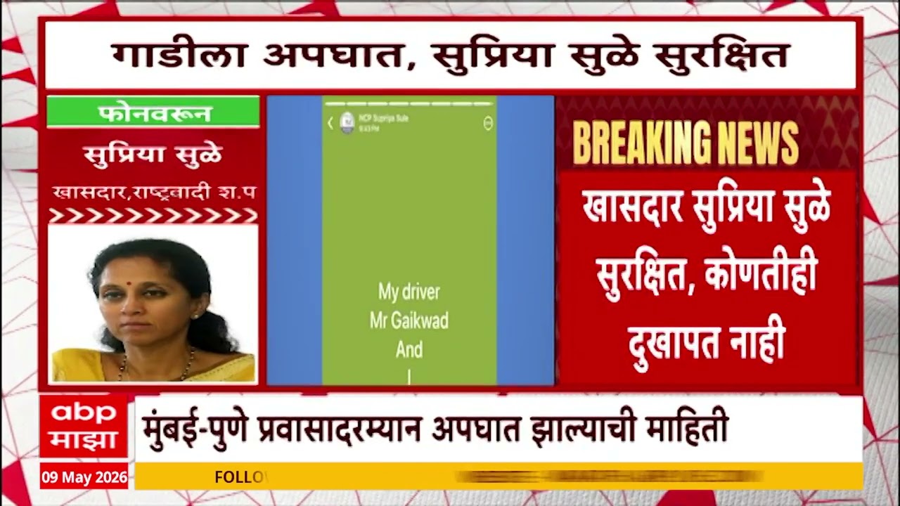 Supriya Sule Accident : खासदार सुप्रिया सुळेंच्या गाडीचा अपघात, व्हॉट्सअप स्टेटसवरुन दिली माहिती