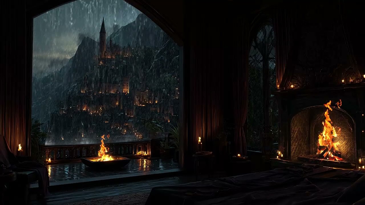 Gentle Rainfall with Cozy Fire Crackles Inside a Magical Castle for Stress Relief