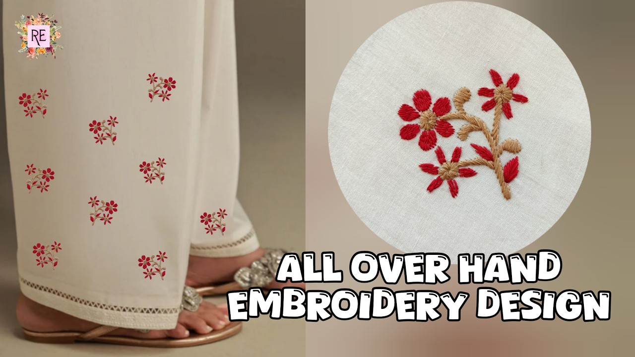 Trending Farsi salwar embroidery design,All over hand embroidery design on farshi salwar.
