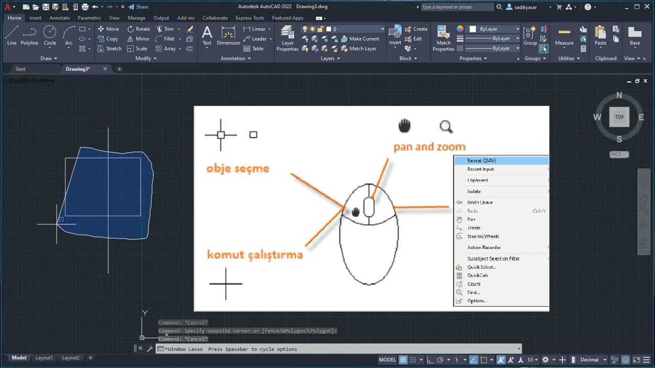 Autocad Mause Tuş işlevleri-2.bölüm-3.ders