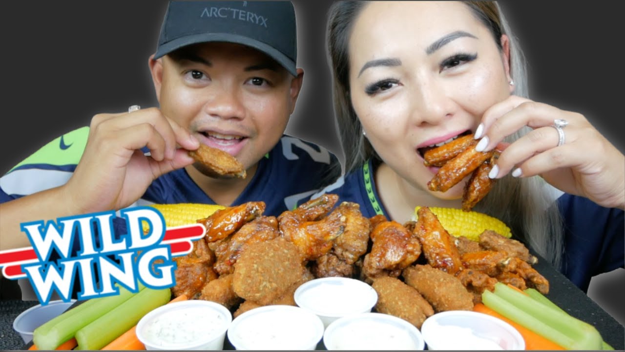 WILD WINGS *HOT, SWEET THAI, SALT & PEPPER, KOREAN WING Mukbang with Hubby | N.E Let's Eat