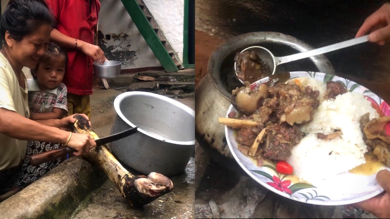Local style to cook buffalo leg curry|| Village life of Nepal||Buffalo leg curry recipe||