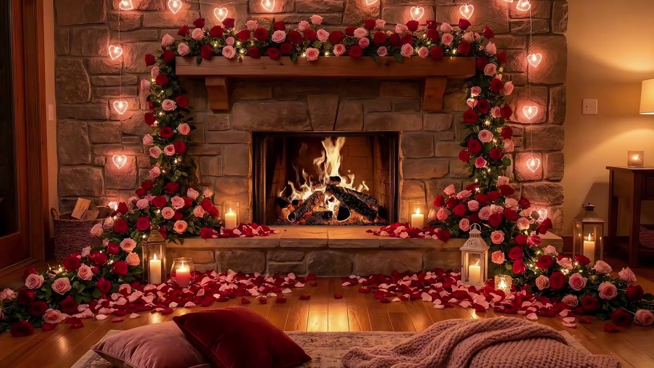 Romantic Fireplace Ambience ❤️ Soft Fire Crackling Sounds | Cozy Rose Decor 4K
