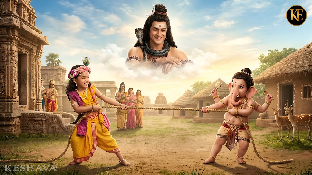 बाल कृष्ण और बाल गणेश की रस्सी खींच लीला शिव जी खुश || YMKN || यशोमती मईया के नंदलाला
