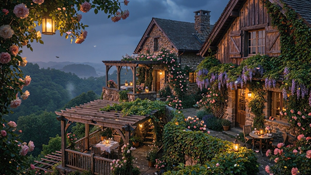 Enchanting Fairy Cottage in the Mountain | Warm Lights, Flower Garden & Peaceful Evening Ambience