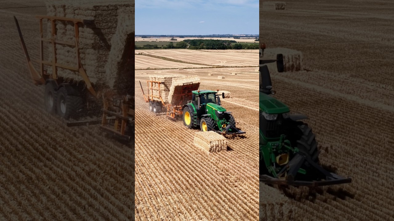 Chasing Bales John Deere tractor and Big Bale Transtacker