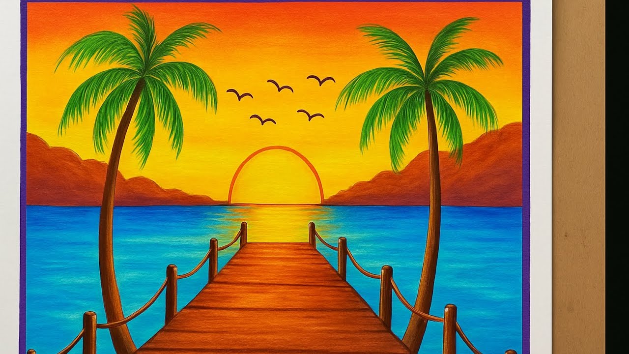 “WOW Sunset Drawing Transformation 🌅✨ | Pencil to Color Art! 😍🔥”