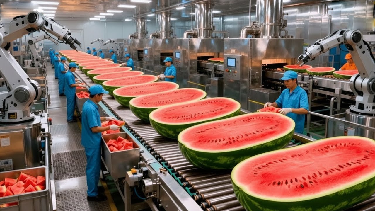 Inside a Modern Watermelon Processing Plant: From Whole Melons to Sweet Red Juice (Full Process)