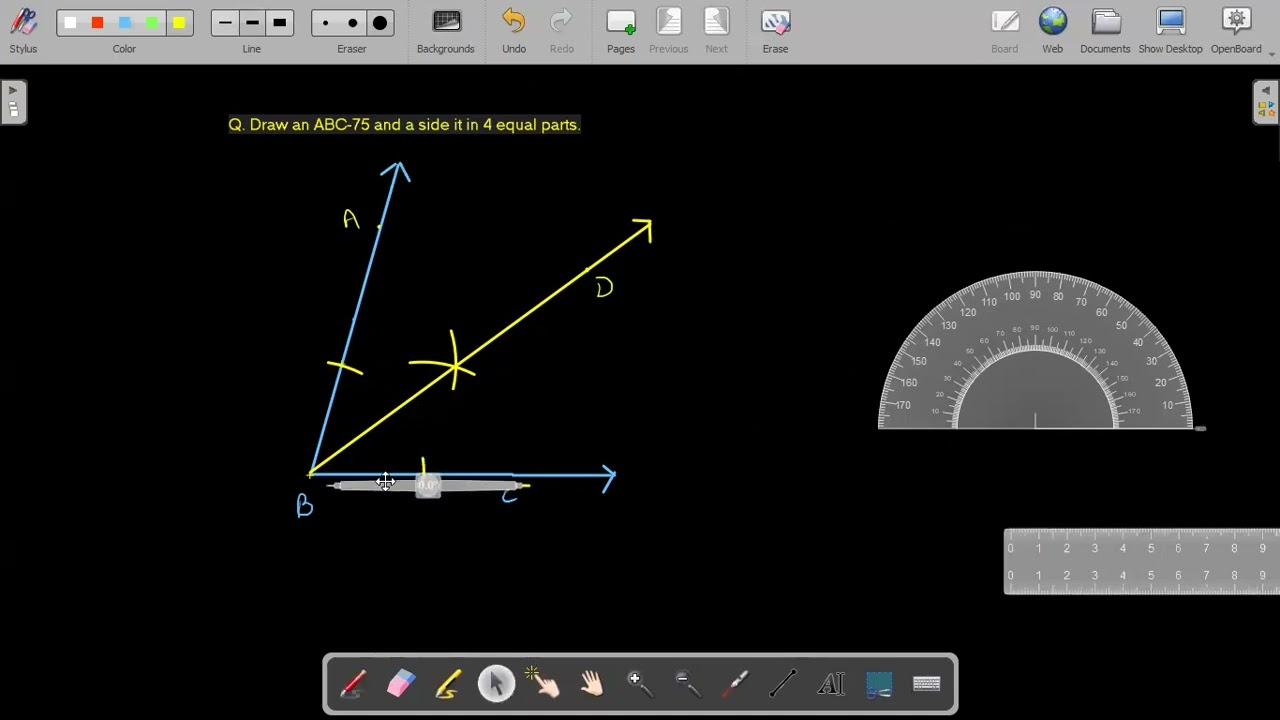 Draw angle ABC of 75 and a side it in 4 equal parts.