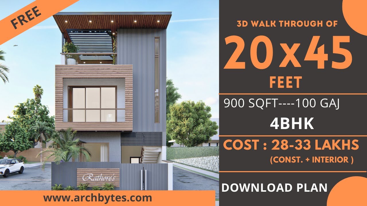 20x45 House Design 3D | 900 Sqft | 100 Gaj  | 4 BHK | Modern  Design | Terrace Garden | 6x14 Meters