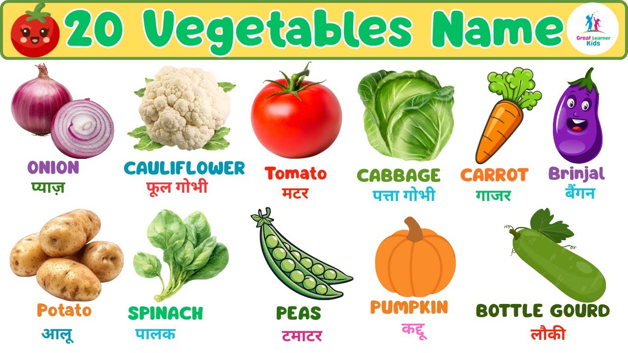 20 Vegetables 🍅Name in English and Hindi For Kids| Name of Vegetables With Pictures 