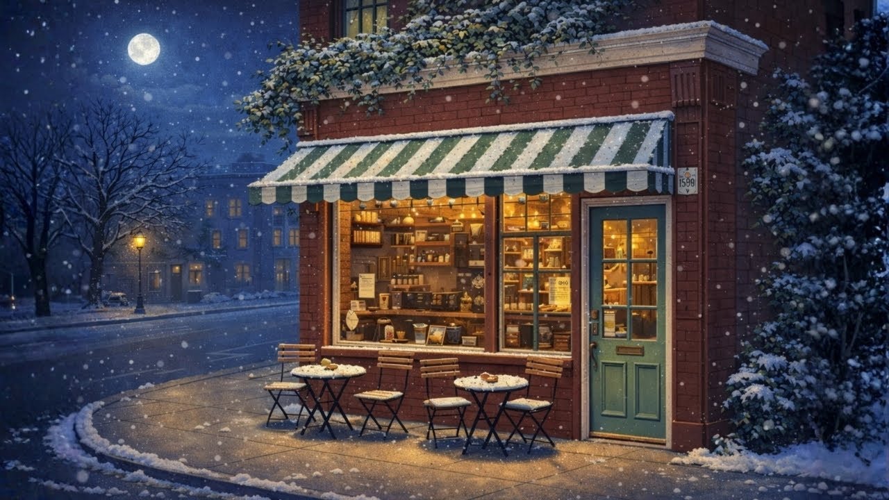 Cozy Winter Night Café Ambience ❄️ Soft Snowfall, Warm Lights & Relaxing Music