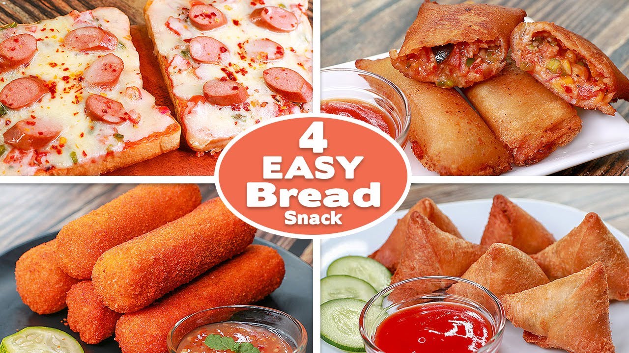 4 Easy Bread Snack Recipes | Bread Pizza Toast | Potato Bread Rolls | Bread Samosa | Pizza Pocket