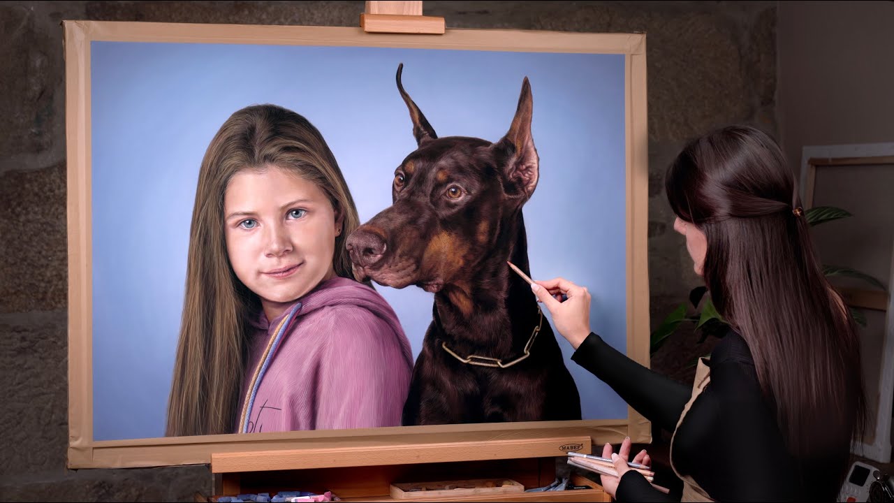 🖼️ ASMR Relaxing art process | Hyper realistic skin & fur by Patricia Otero | girl and her Doberman