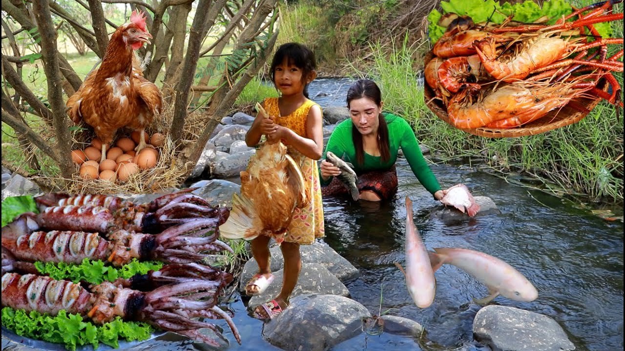 Top 4 videos mother with daughter catch & cook fish. chicken. egg. Squid. Lobster eating delicious