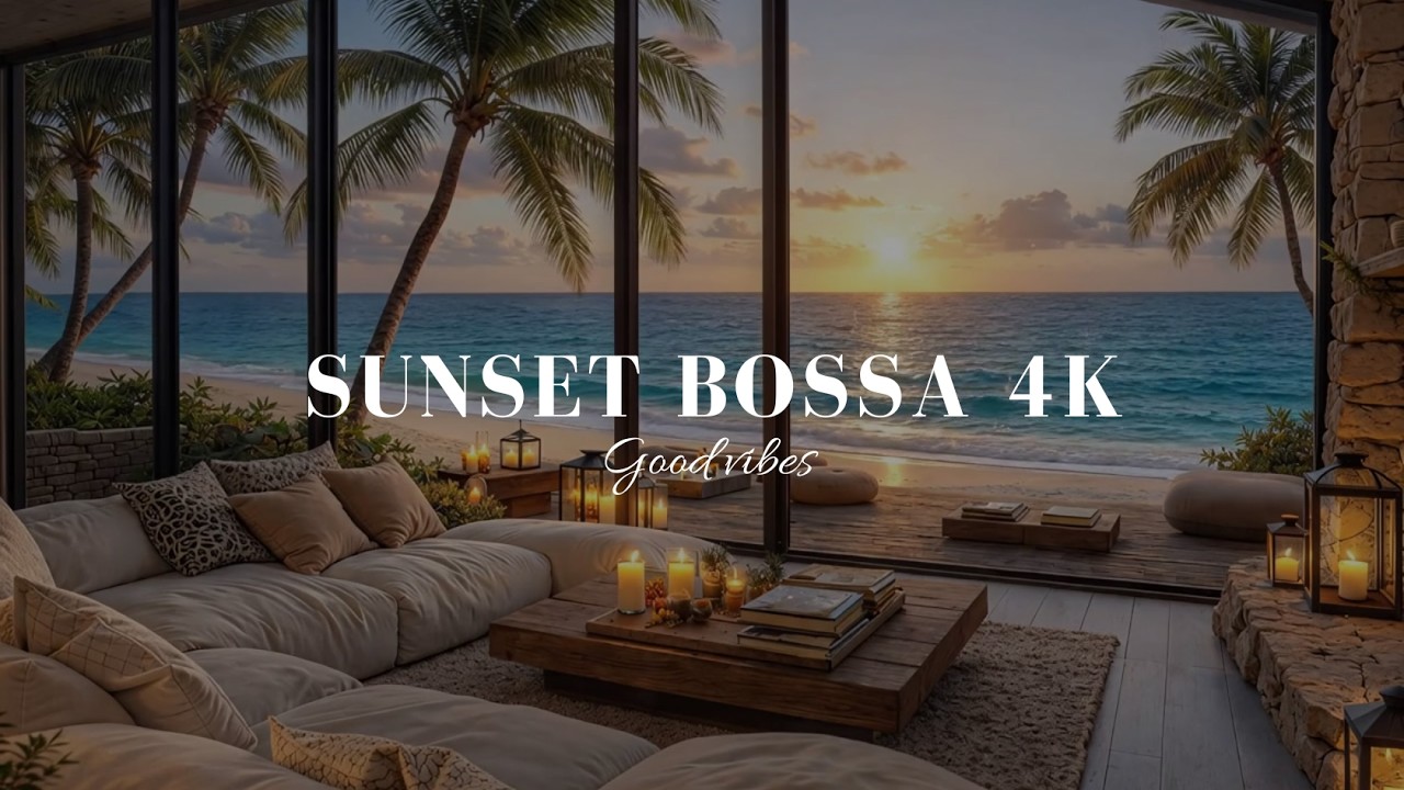 4K Cozy Beach Sunset 🌴🌅 Bossa Nova Instrumental | 4 Hours Ocean Lounge Ambience