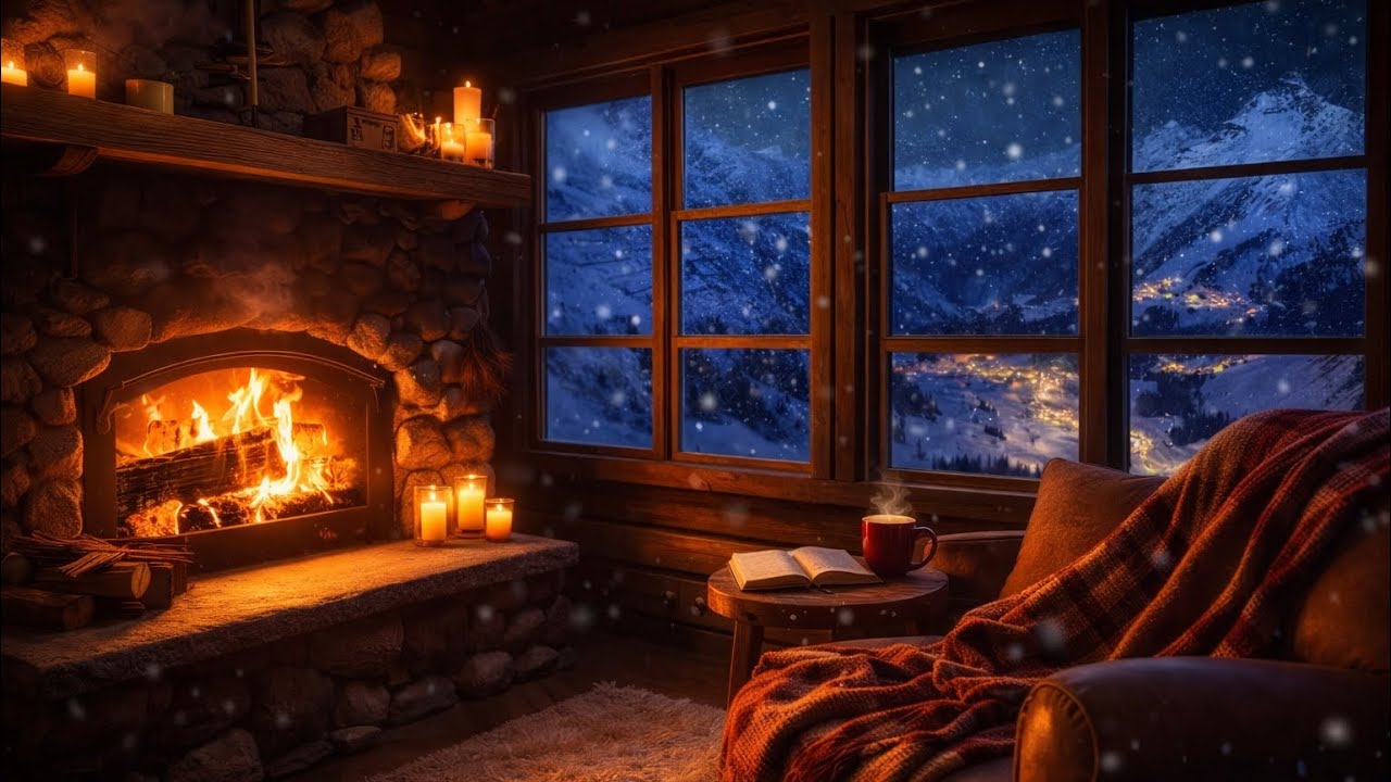 Snowstorm Night in a Cozy Cabin ❄️ Fireplace & Window Snow Ambience 