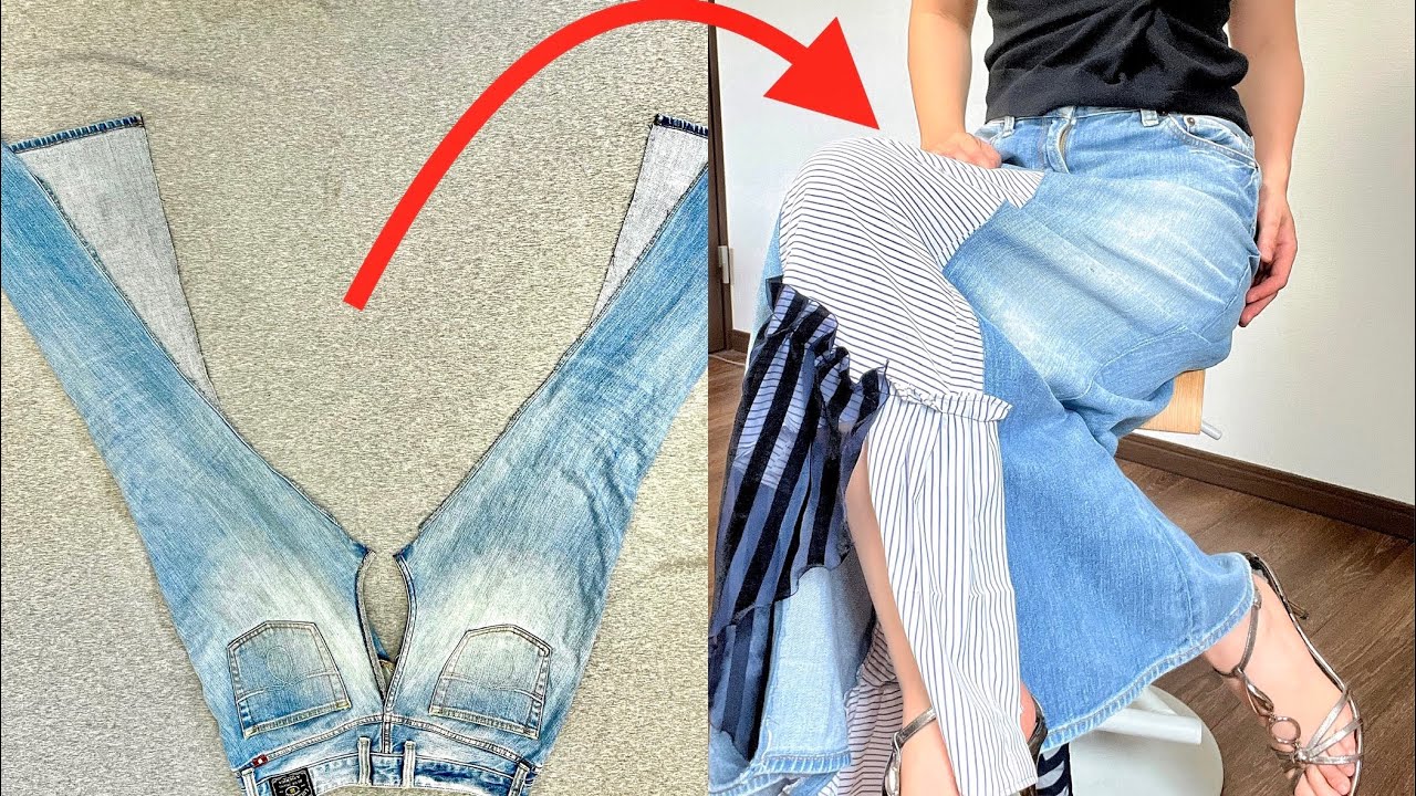 [DIY] CONVERT OLD JEANS INTO DRESS EASILY 旧牛仔裤DIY改造裙子  古いジーンズスカートをリメイクします。#shirt #make #easy #jeans