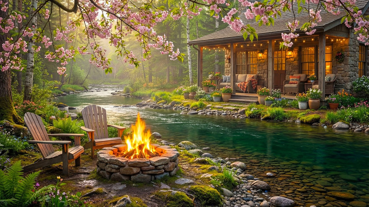 The Most Beautiful Spring Riverside Cabin 🌸🔥 Relaxing Campfire & Calm River Sounds for Meditation