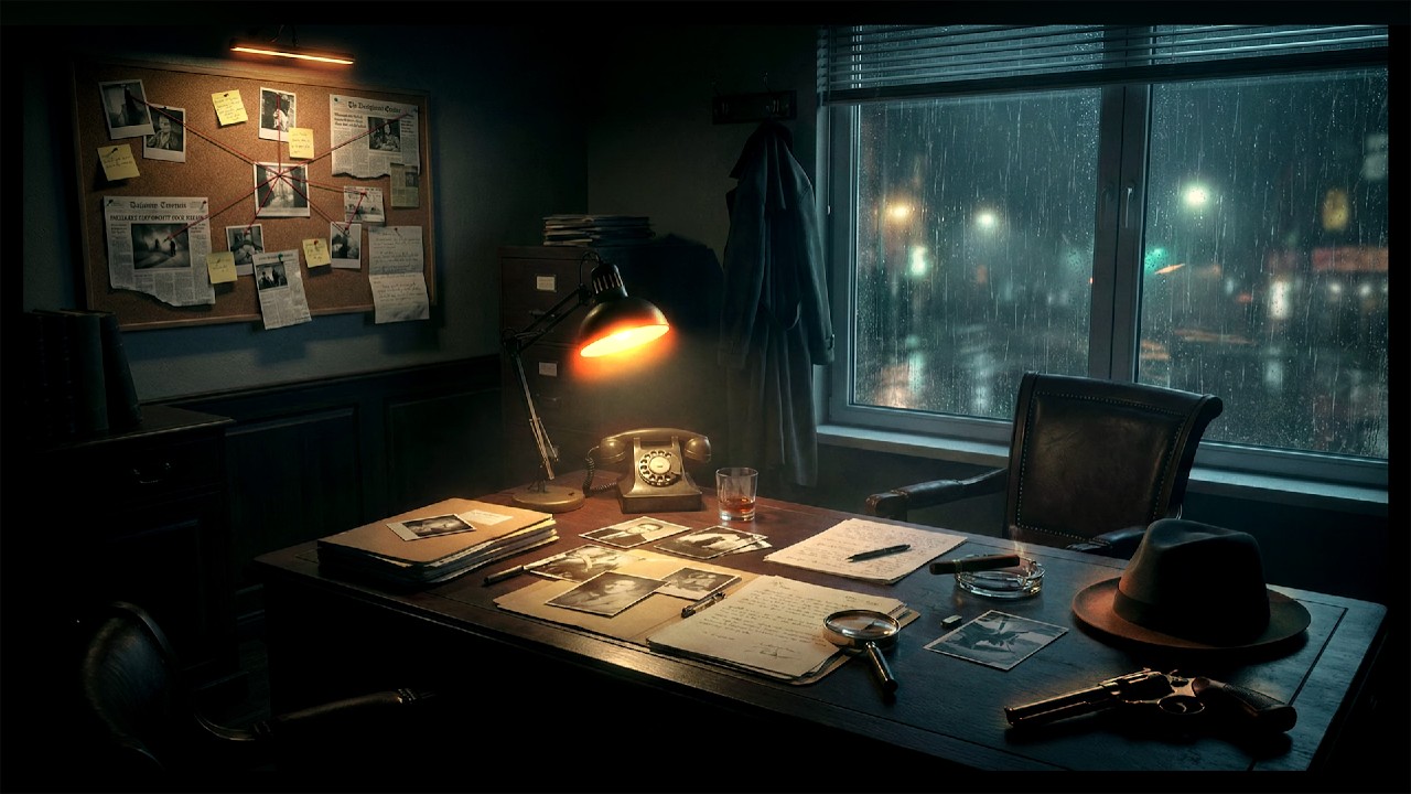 Noir Detective Office Ambience 🕵️‍♂️ Heavy Rain, Thunder & Dark Jazz | Study & Sleep