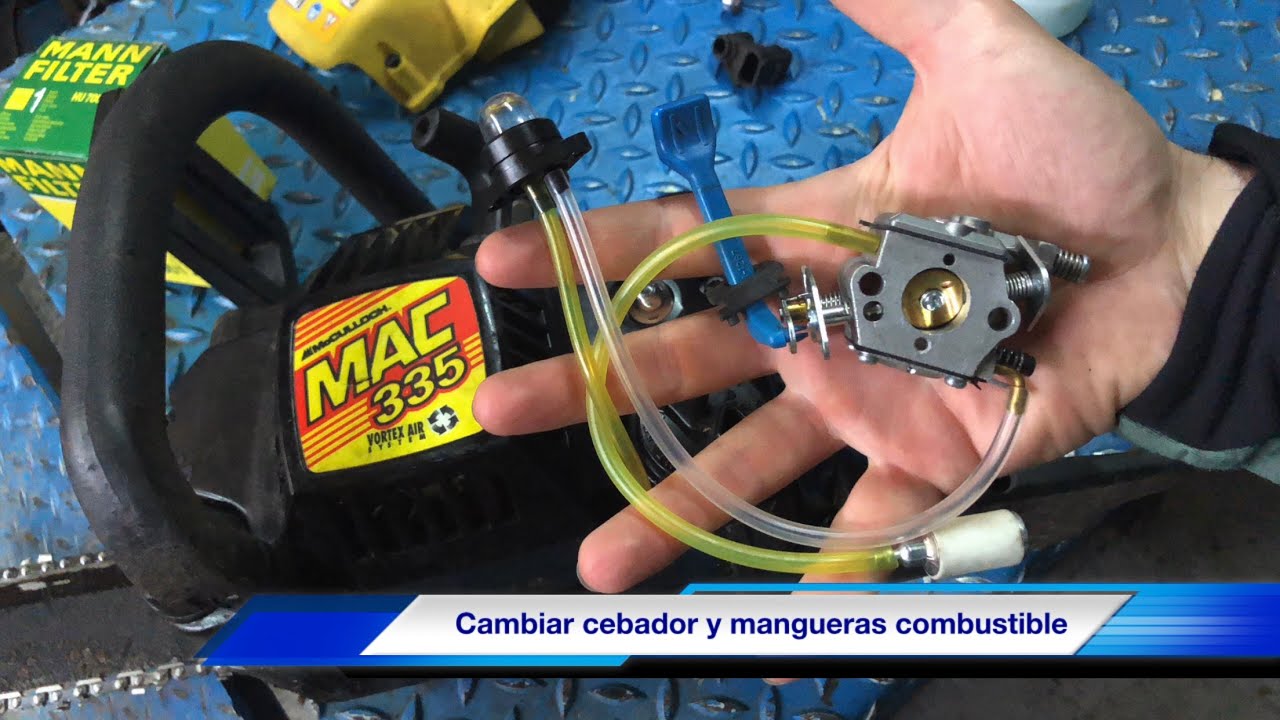 Como Cambiar Cebador Motosierra y poner Mangueras Combustible Orden Correcto
