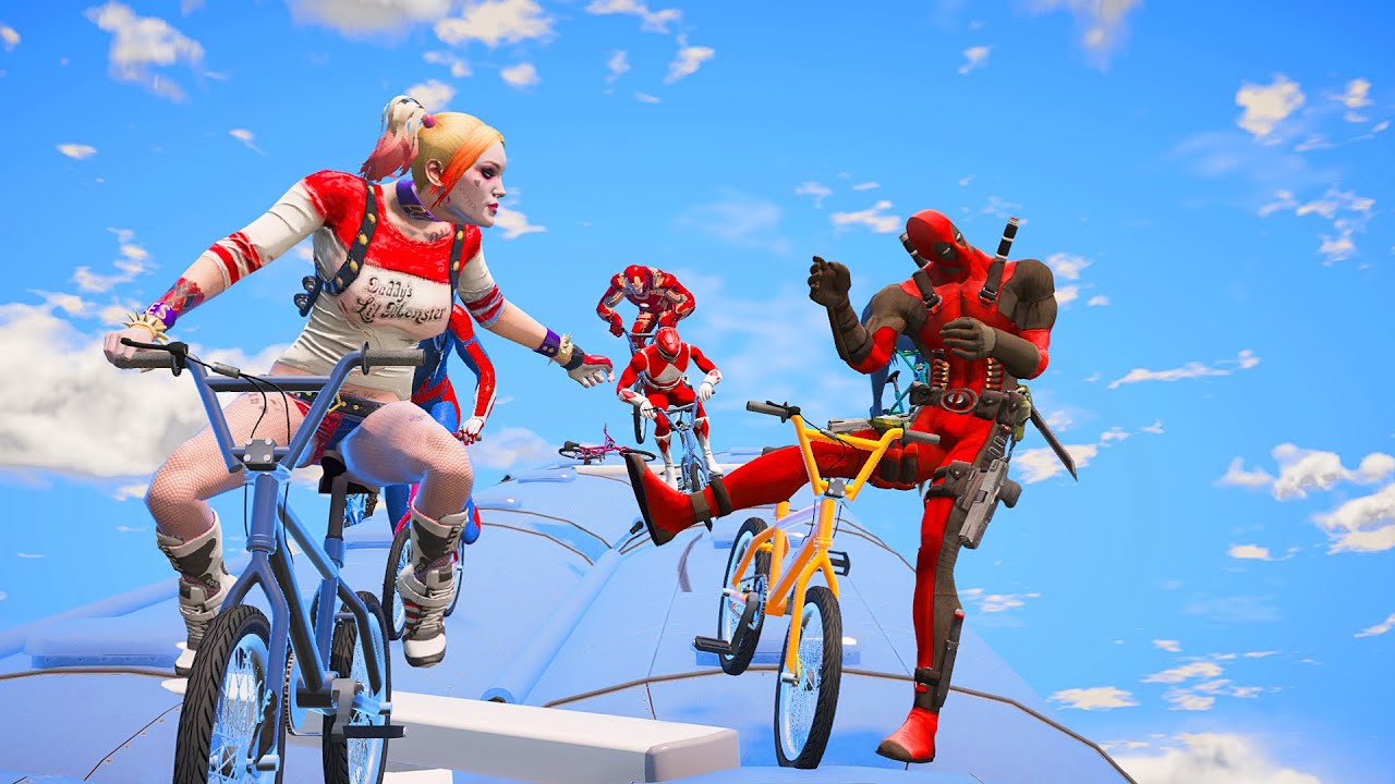 Superhero Bicycle Race On 200m Height, GTA 5 Extreme Challenge (Superheroes Funny Contest)